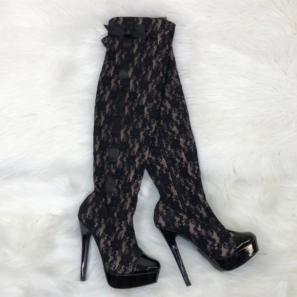 Colin Stuart Shoes - Colin Stuart Black Lace Thigh High Boots, Size 6.5